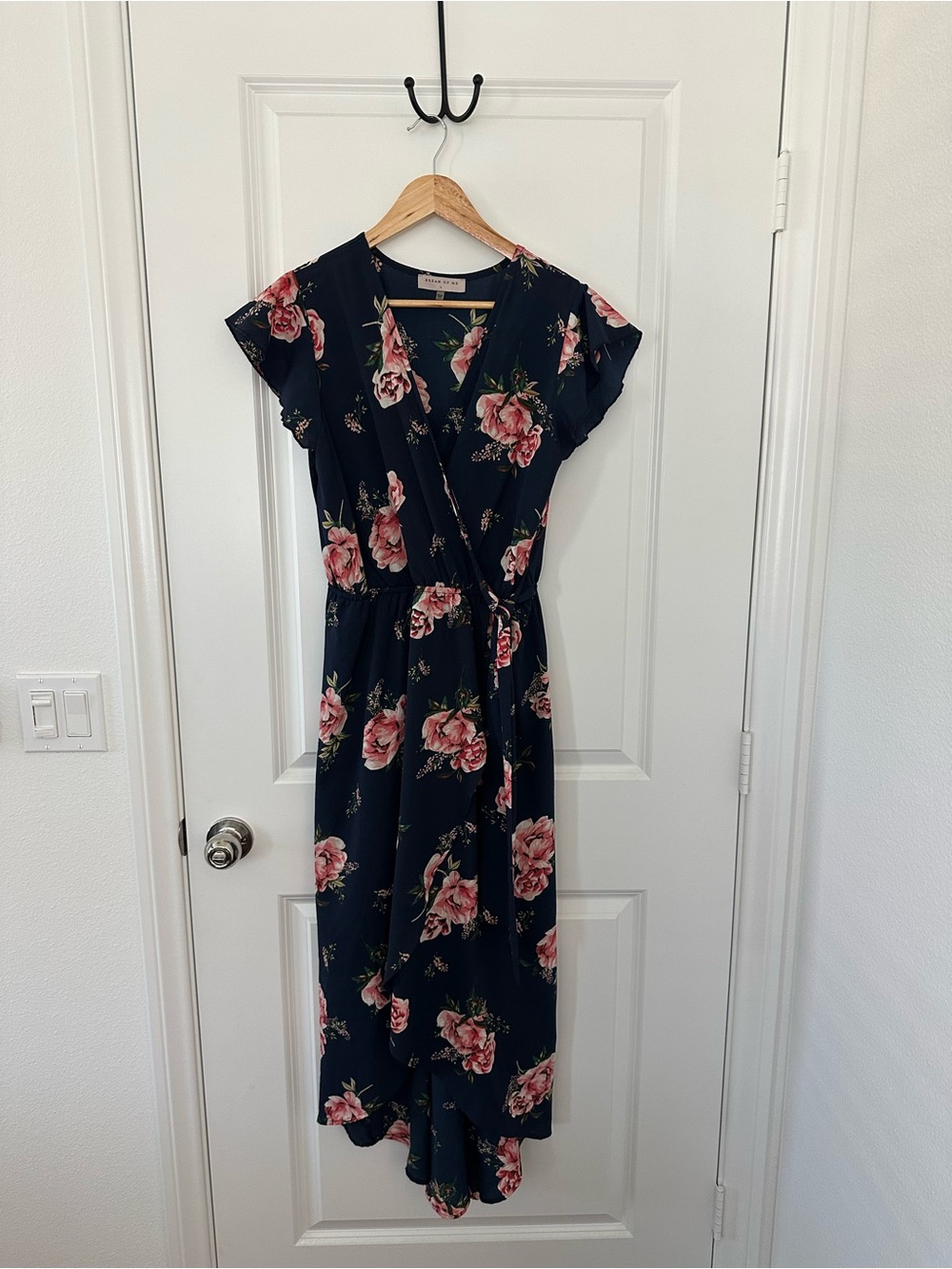 Navy Floral Wrap Maxi Dress with Pink Roses